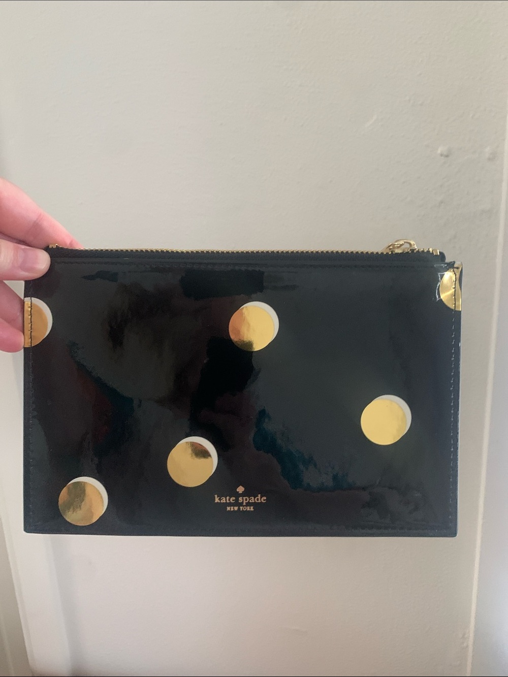 Kate Spade Black Patent Pouch/Clutch with Gold Polka Dots